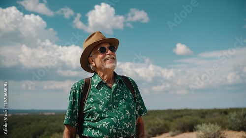Old American man wearing green themed fancy summer outfit looking up on clear sky background, smiling while looking at the sky panoramic view