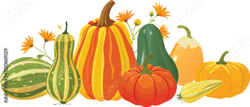 A colorful vector illustration of a ripe pumpkin with autumn flowers and gourds for a seasonal holiday