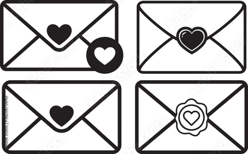 Four envelopes with heart symbols silhouette