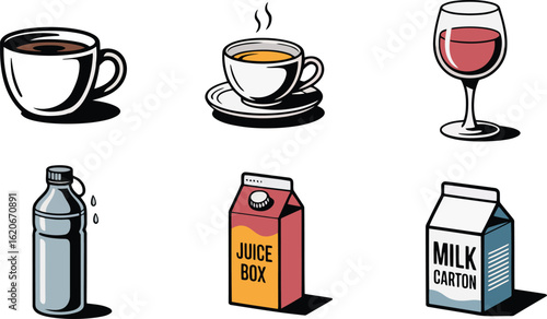 Beverage Icons Set Coffee Cup Juice Box Milk Carton Water Bottle Glass of Drink Black and White