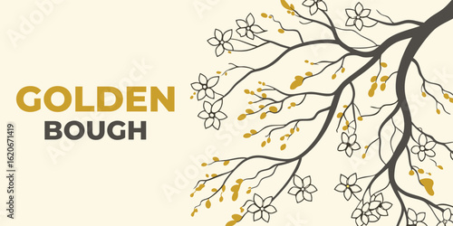 Golden bough vector illustration. Hand drawn flowering branch with blossoms. Elegant Japanese style floral graphic for print, decor, and spring themed design; Nature and beauty concept.