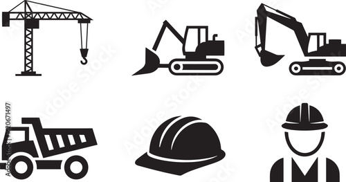 Construction Equipment Vector Illustration Set Crane Excavator Truck Helmet Worker Design Elements