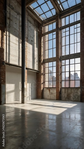 Vast industrial loft space with exposed brick and sunlight streaming through large windows