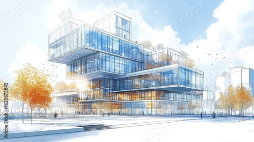 Architectural drawings featuring detailed building exteriors, interiors, and city plans with structural precision, artistic shading, and design concepts suitable for architectural visualization.
