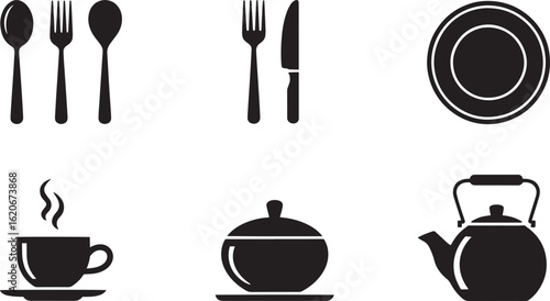 Elegant Tableware Icons Set Featuring Spoon, Fork, Knife, Plate, Cup, Pot, and Kettle in Black Style