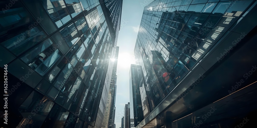 Obraz premium low angle city skyline with distant glass skyscrapers reflecting sunlight