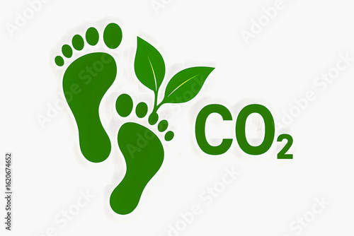 Green vector illustration featuring two stylized footprints with leaves, the chemical symbol CO₂, symbolizing the concept of reducing carbon footprint, promoting eco-friendly, low-emission lifestyles
