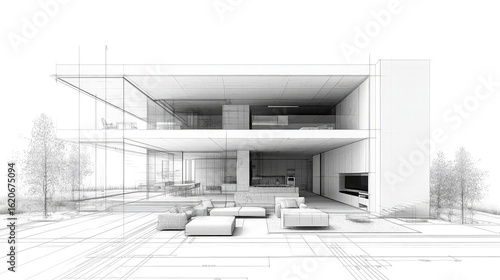 Architectural blueprints rendered in technical line art showing building layouts, elevation plans, and spatial design used in construction, interior design, and engineering visualization.