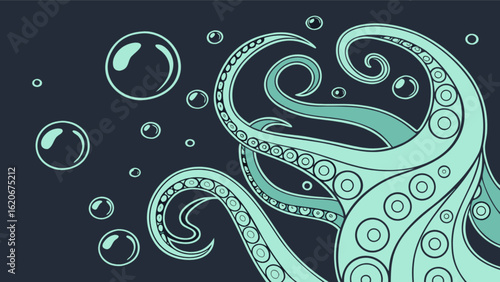 Intricate octopus tentacles with swirling patterns and floating bubbles in a deep sea setting cartoon illustration, perfect for marinethemed designs