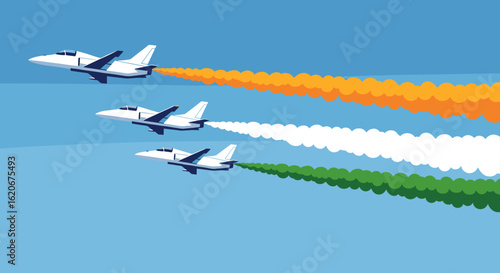 Three fighter jets perform an aerial display, trailing orange, white, and green smoke against a clear blue sky.