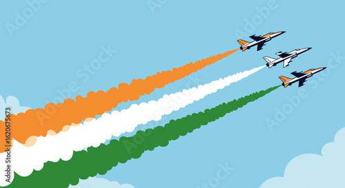 Three fighter jets soar through a clear blue sky, leaving vibrant orange, white, and green smoke trails, symbolizing India's patriotic spirit and national pride.