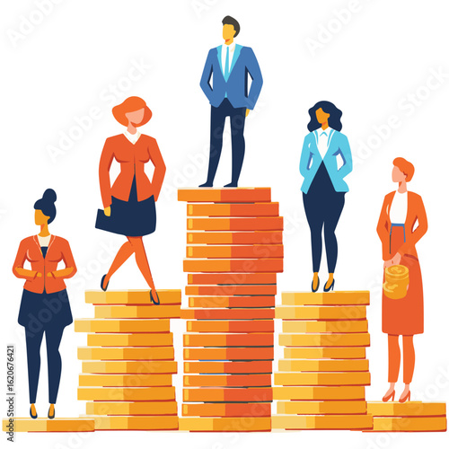 Gender Pay Gap Depiction with Unequal Stacks of Coins Representing Wages and Business Professionals