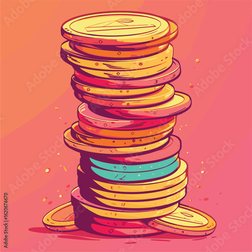 Towering Treasure Trove Colorful Stack of Coins in Abstract Style Vector Illustration
