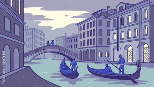 Charming cartoon illustration of venice canals with gondolas, capturing the romantic essence of this iconic italian city in a vintage style