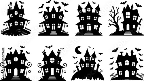 unique pure black silhouette vector illustrations of a haunted house with bats 