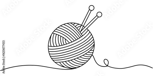 Ball of yarn. Clew ball of thread. Vector illustration, Ball of yarn in continuous one line art drawing style, Clew ball of thread. Continuous one line drawing, Ball of yarn one line drawing
