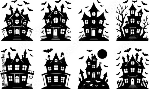 unique pure black silhouette vector illustrations of a haunted house with bats 