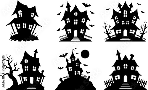 unique pure black silhouette vector illustrations of a haunted house with bats 