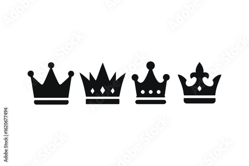 Collection of four distinct black crown silhouettes representing royalty and leadership isolated on white background silhouette