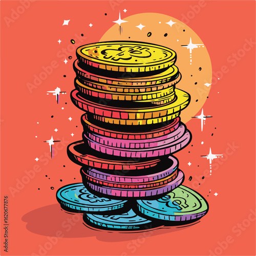 Vibrant Stack of Coins Cartoon Style Drawing Investment and Finance Concept