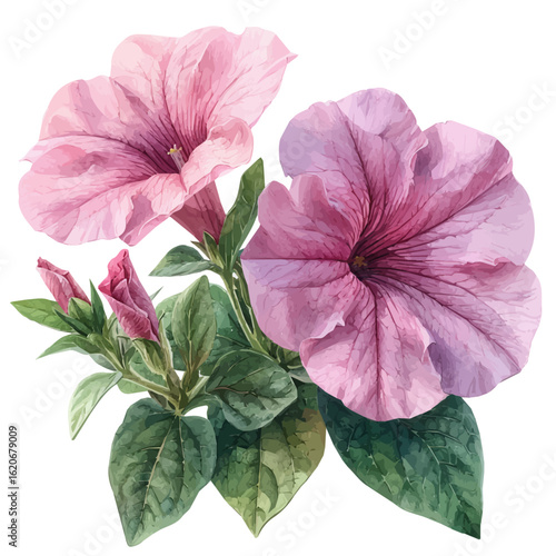 Petunia Flower, watercolor drawing vector, isolated on a white background.