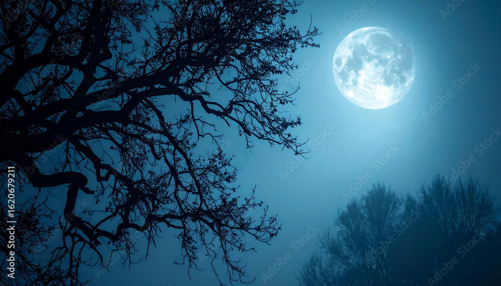 Fototapeta premium Silhouette of tree branches against full moon in foggy night sky, mystical Halloween vibe.