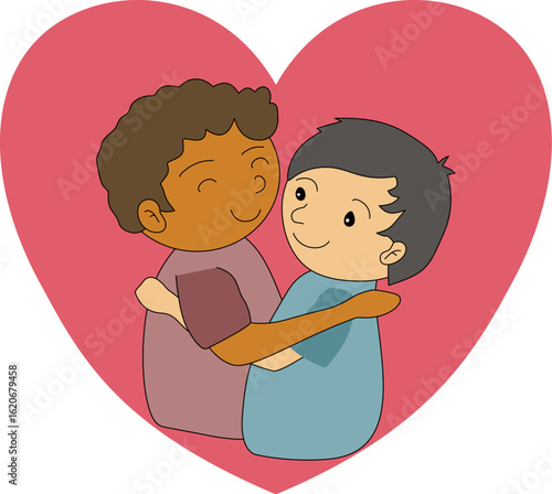 Friendship two young people share a sweet hug against a big red heart background.