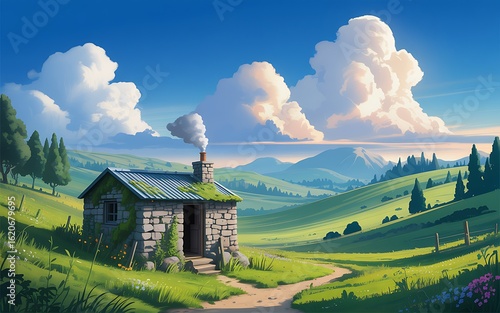 Stone cottage with smoke from chimney in lush green rolling hills under blue sky with fluffy clouds house