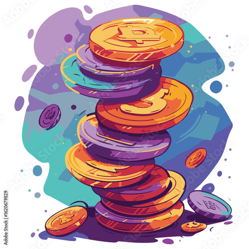 Whimsical Stack of Crypto Coins in Retro Style, Colorful and Fun Illustration for Digital Finance and Investment