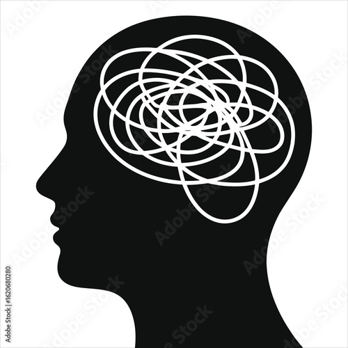  Mental Chaos and Confusion. Silhouette of a Human Head with Tangled Lines. Vector Illustration of a Confused Brain, Stress, Anxiety, and Overthinking.