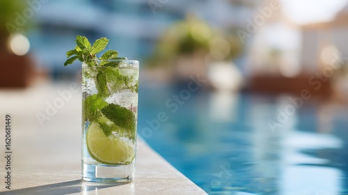 Wallpaper Mural Refreshing mojito cocktail resting by sparkling blue pool on sunny summer day Torontodigital.ca