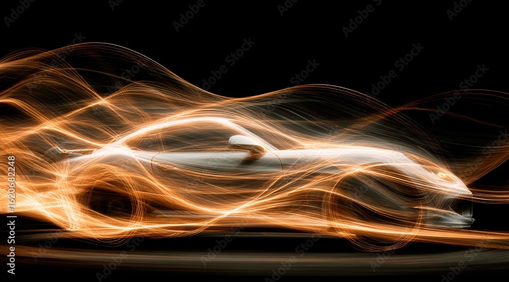 Obraz premium Dynamic banner, a sports car made of flowing golden waves on a black background rushes along the horizon creating a sense of speed and movement.