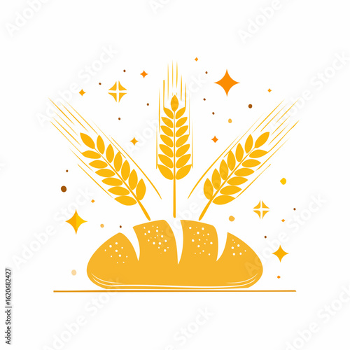 Golden artisanal loaf of bread with ripe wheat ears illustration. A sparkling symbol for a bakery, natural harvest, and fresh baking