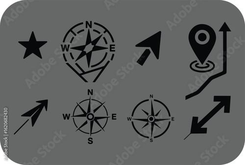Collection of navigation and location icons featuring compasses pointers and directional arrows for maps and travel