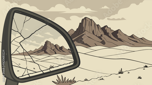 A cracked mirror reflects a sepiatoned desert landscape with mountains, evoking a sense of nostalgia and the passage of time in a remote location