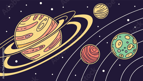 A cartoon illustration of planets in a solar system, showcasing the beauty and wonder of space exploration and celestial bodies in the cosmos