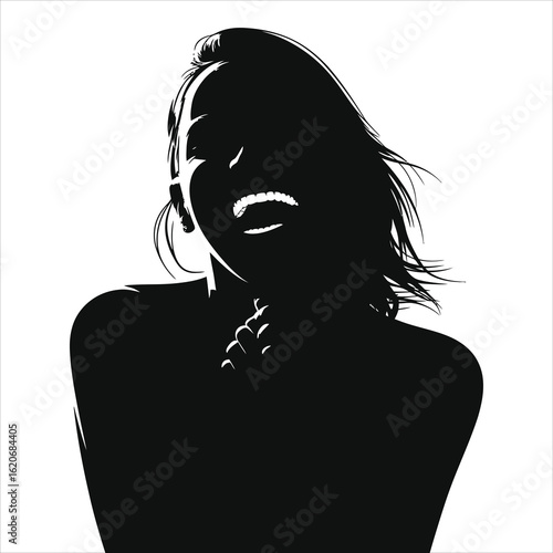 Woman Laughing with Delight | High Contrast Black and White Portrait | Joyful Emotion and Happiness