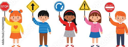 Children holding traffic signs, cartoon style, road safety education, stop symbol, caution, vector illustration, learning awareness, kids teaching rules
