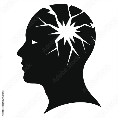 Mental Breakdown or Headache | Cracked Head Silhouette Symbolizing Stress and Trauma | Mental Health and Inner Pain