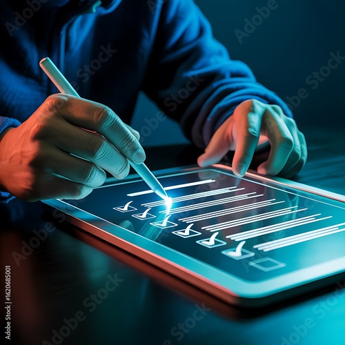 Person using stylus on tablet screen with digital checklist and glowing checkmarks task