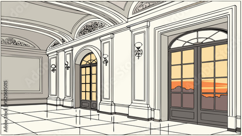 An elegant interior architecture drawing, showcasing a grand hall with arches, windows, and ornate details, rendered in a classic style