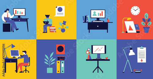 Flat Design Illustration Set Everyday Office Work Activities