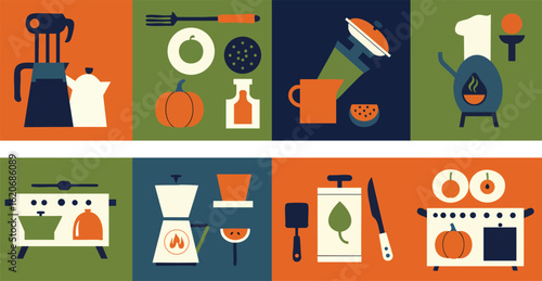 Flat Design Illustration Set of Everyday Kitchen and Cooking Activities