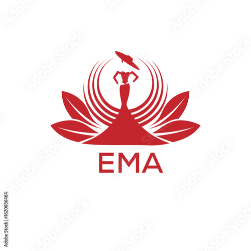 EMA Letter Logo. EMA Fashion Logo with Elegant Woman Silhouette, Hat, and Leaf Motif  Boutique, Beauty, or Event Branding Design.
