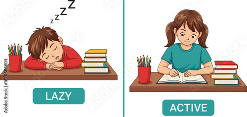 Lazy student, active learner, cartoon illustration, study habits comparison, classroom behavior, educational concept, motivation styles, reading, sleeping, desk setup