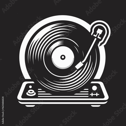 Retro vinyl record player illustration in bold black and white style, perfect for music and vintage themes