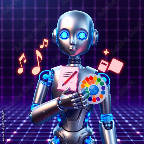 Generative AI represented by a robot with metallic face and glowing digital interface  