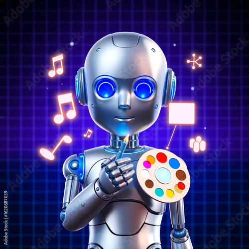 AI concept image showing metal-faced robot with high-tech visual elements and generative glow  