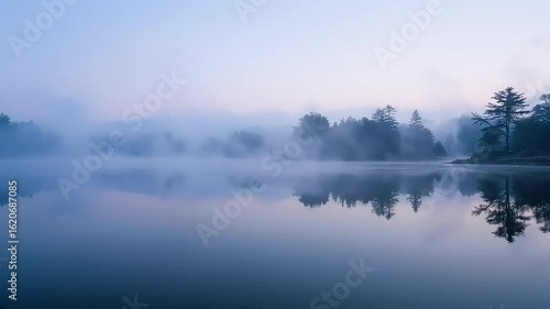 Sunrise over a calm river with a misty forest and the blue sky reflecting on the tranquil water  High resolution video footage
