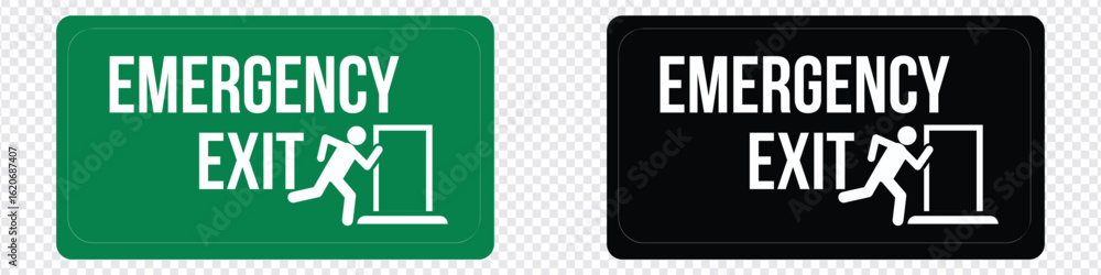 Fototapeta premium Emergency exit sign set. Man running out fire exit. Running man and exit door sign. Escape help evacuation. Safety vector symbol.